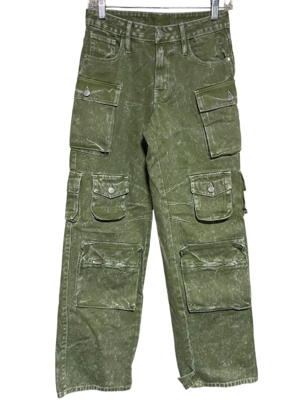 Fashion Nova Green Cargo Pants Womens Sz 0 Cargo Pockets Acid Wash Boho Utility
